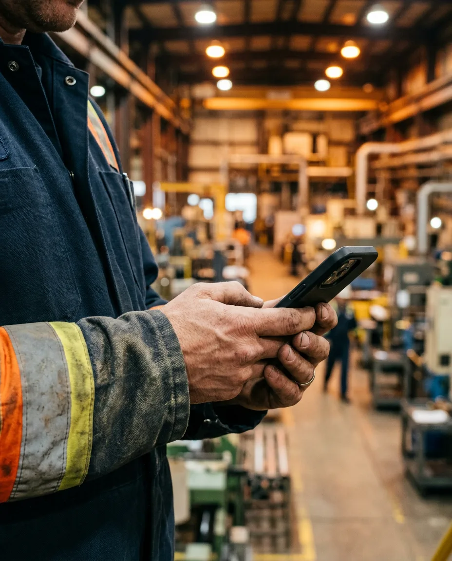 A plant technician in a hi-vis jacket checking training on a phone on the factory floor