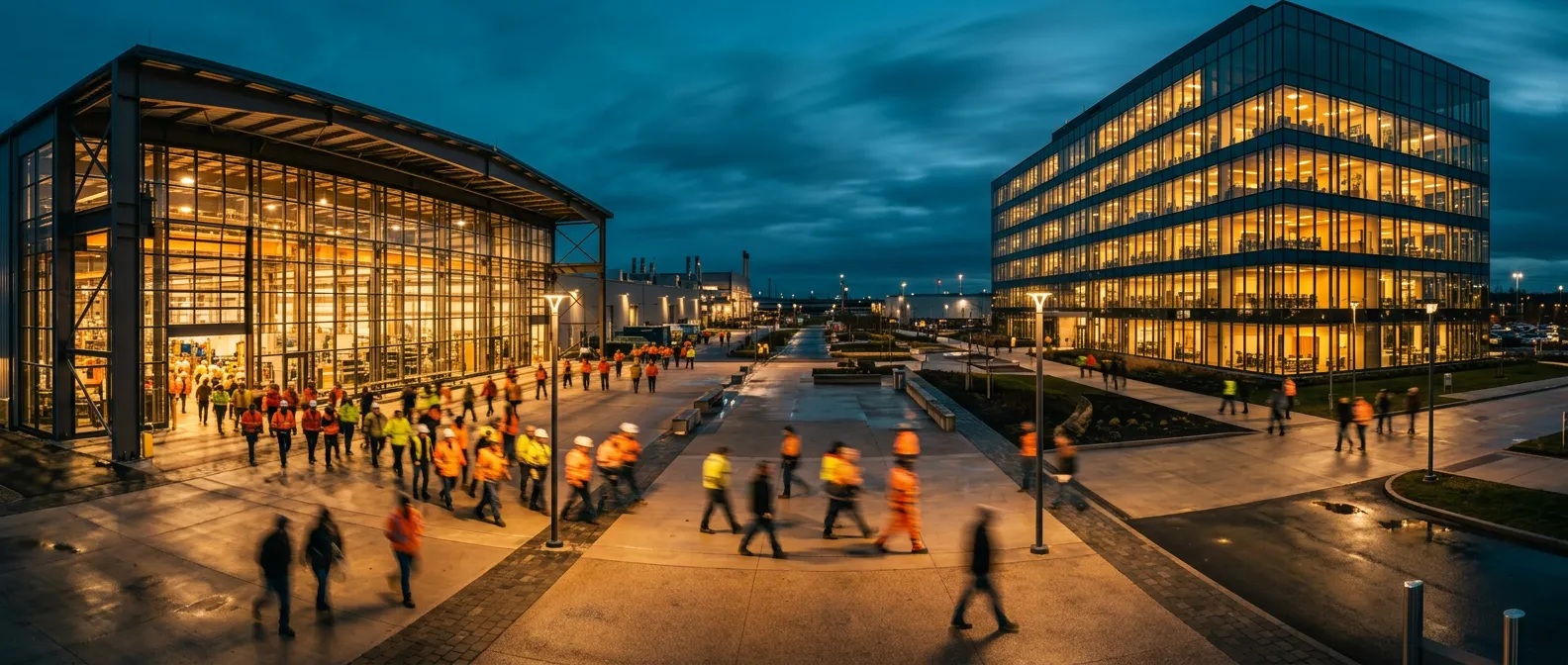 A shift change at an industrial campus, with plant workers and office staff crossing the same plaza at dusk