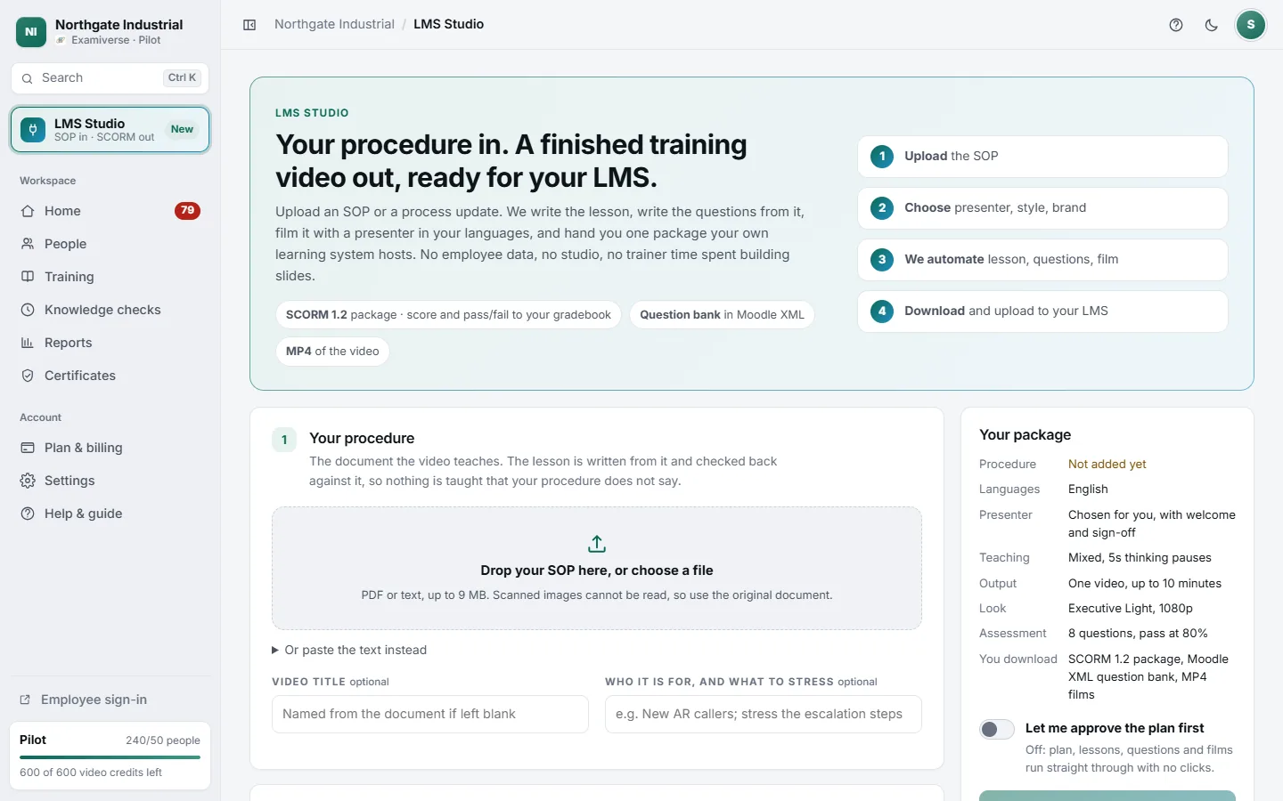 LMS Studio: upload the SOP, choose presenter, style and brand, and a summary of the package you will download.