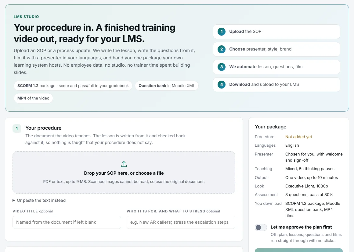 LMS Studio in the Examiverse app: upload a procedure, choose the presenter and style, and download a SCORM package.